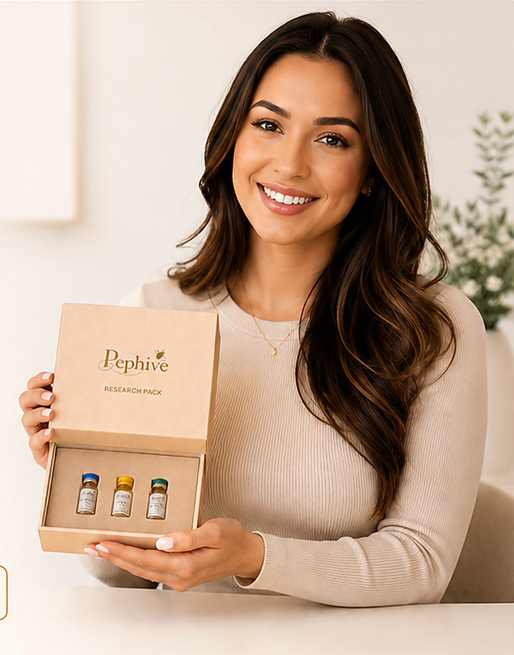Woman holding Pephive laboratory product packaging